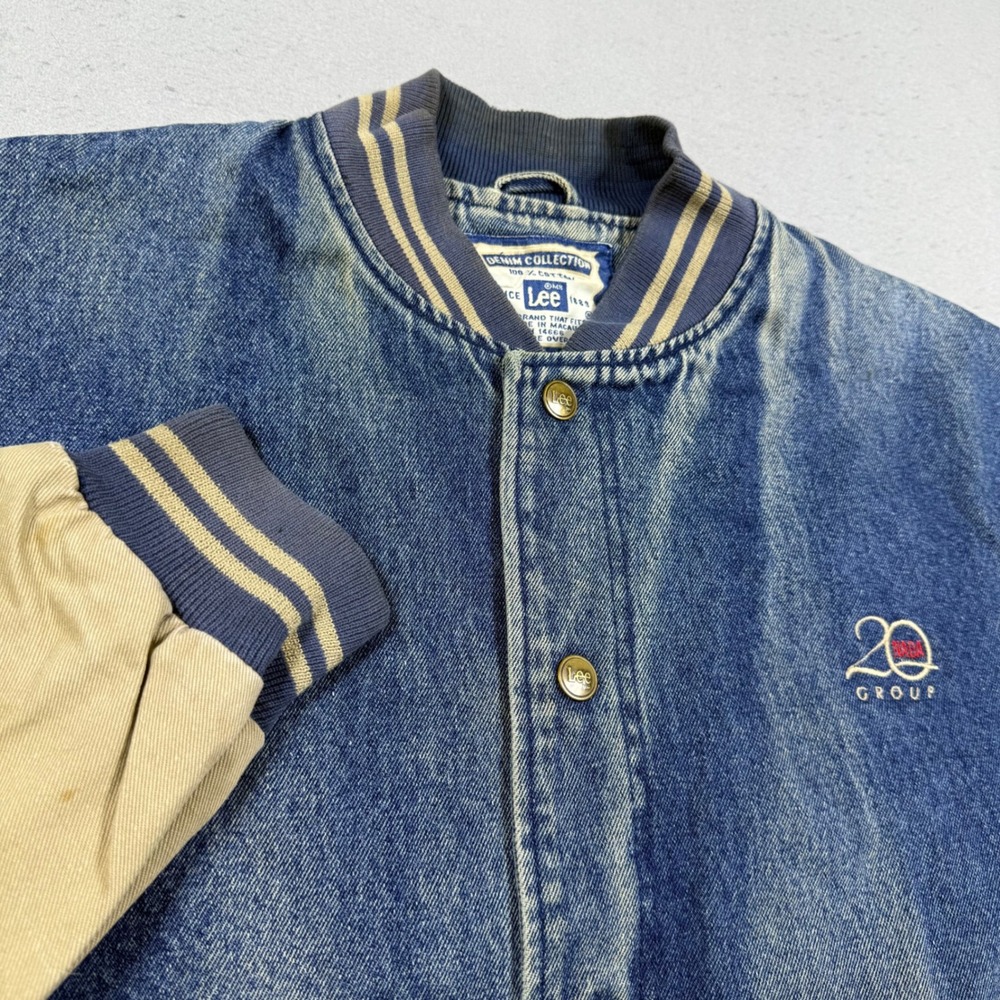 Vintage Lee Denim Varsity Jacket Blue Tan Canvas Sleeve Bomber Mens Large